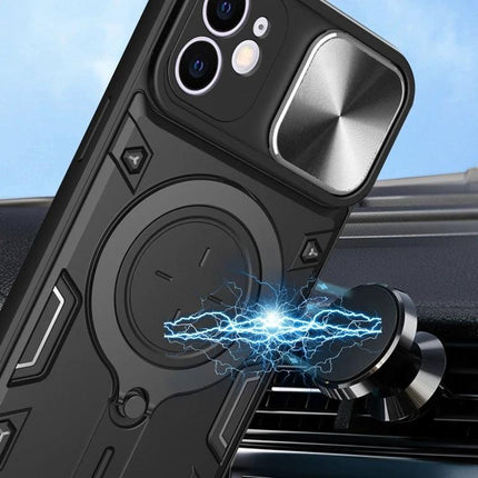 Handy Phone Case for Everyday iPhone Protection showing slim black TPU+PC case with magnetic mount, camera cover, and durable scratch-resistant design
