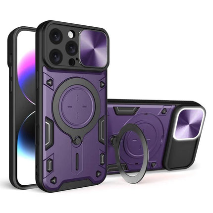 Phone Case for Daily iPhone Protection and Travel Use rugged purple TPU+PC case with ring holder and sliding camera cover