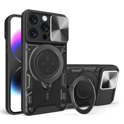 Phone Case for Daily iPhone Protection and Travel Use - rugged slim TPU+PC case with camera cover, ring kickstand and MagSafe-style mount