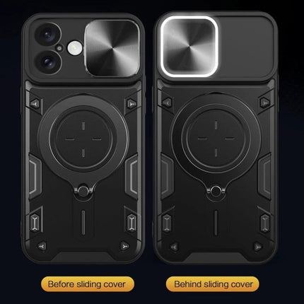 Daily Phone Case For iPhone Everyday On The Go Protection – slim black TPU+PC case with sliding camera cover and MagSafe-style ring for commuters