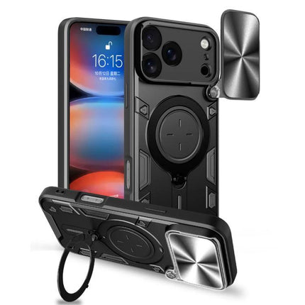 Durable iPhone Case With Camera Lens Cover For Everyday Use - rugged TPU PC case with sliding lens cover, kickstand ring and magnetic plate