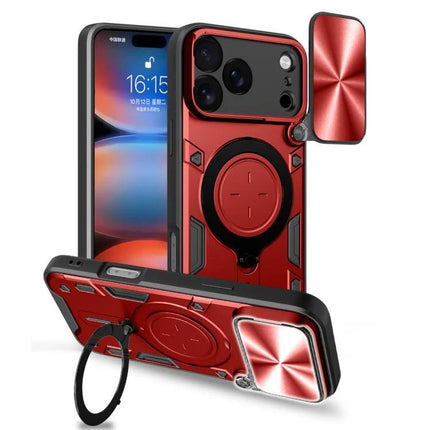Durable iPhone Case With Camera Lens Cover For Everyday Use - red TPU PC protective case with sliding lens cover and ring stand