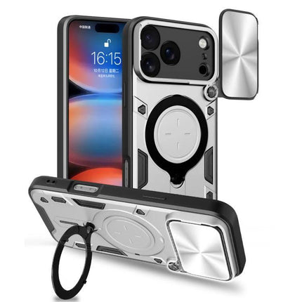 Durable iPhone Case With Camera Lens Cover For Everyday Use showing silver TPU+PC case with sliding lens cover and ring stand