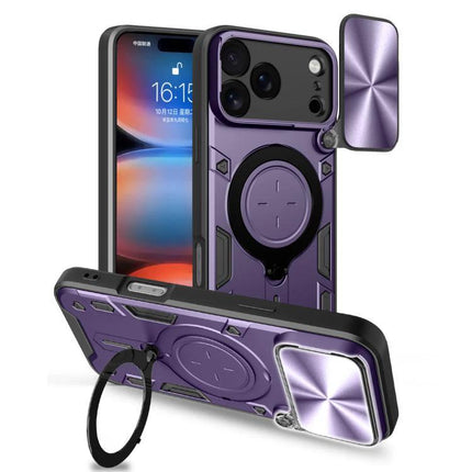 Durable iPhone Case With Camera Lens Cover For Everyday Use purple rugged TPU PC blend with sliding lens cover ring stand