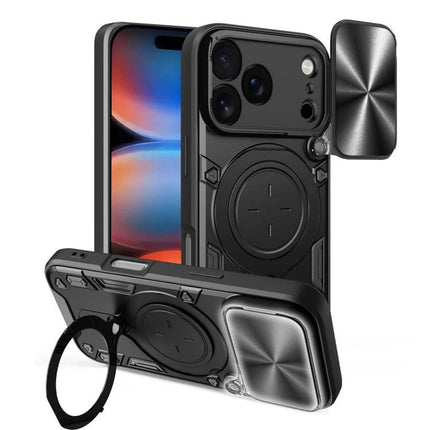 Durable iPhone Case With Camera Lens Cover For Everyday Use - black rugged TPU PC case with sliding lens cover and ring stand