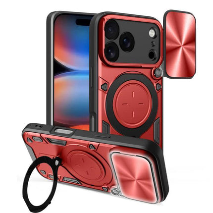 Durable iPhone Case With Camera Lens Cover For Everyday Use - red TPU PC protective case with sliding lens cover and ring stand