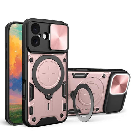 Durable iPhone Case With Camera Lens Cover For Everyday Use - rose gold TPU PC protective case with sliding lens cover and ring stand