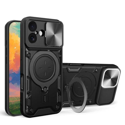 Durable iPhone Case With Camera Lens Cover For Everyday Use — rugged black TPU+PC case with sliding lens cover and ring stand