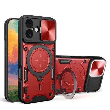 Durable iPhone Case With Camera Lens Cover For Everyday Use red rugged TPU PC case with sliding lens cover and ring stand