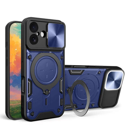 Durable iPhone Case With Camera Lens Cover For Everyday Use - blue rugged TPU+PC protective case with sliding lens cover and built-in ring