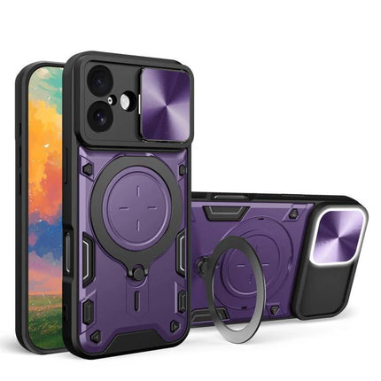 Durable iPhone Case With Camera Lens Cover For Everyday Use - purple rugged TPU+PC case with sliding lens cover and ring stand