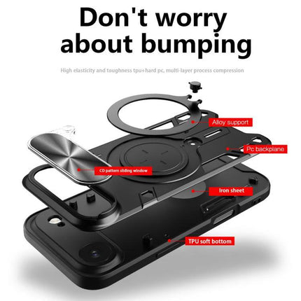 Phone Case for Daily iPhone Protection and Travel Use showing layered TPU and PC construction, alloy support, iron sheet and ring stand