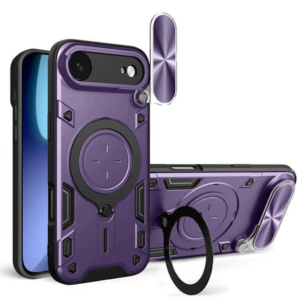 Phone Case for Daily iPhone Protection and Travel Use — slim purple TPU PC hybrid with ring holder and magnetic mount, shown front and back