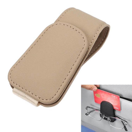 Car Sun Visor Glasses Holder With Magnetic Back Clip in tan microfiber leather holding glasses and cards, attaches to sun visor for one-handed access