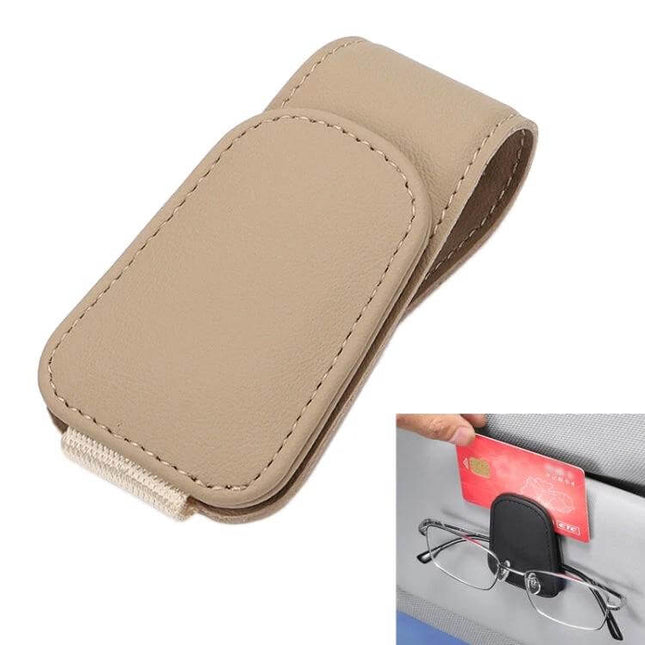 Car Sun Visor Glasses Holder With Magnetic Back Clip in tan microfiber leather holding glasses and cards, attaches to sun visor for one-handed access