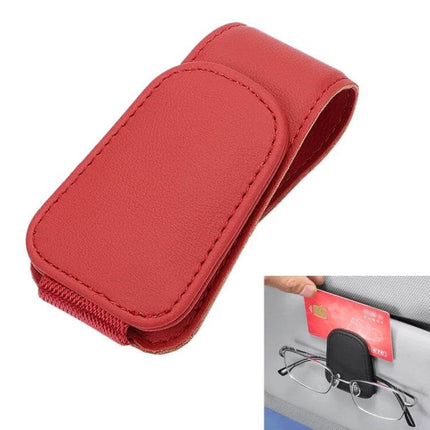 Car Sun Visor Glasses Holder With Magnetic Back Clip - red microfiber leather visor clip for glasses, cards and bills, one-handed access