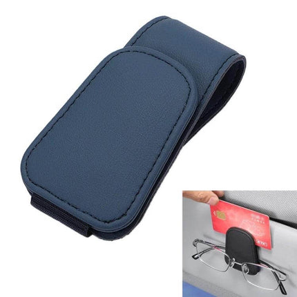 Car Sun Visor Glasses Holder With Magnetic Back Clip in navy microfiber leather clip holding glasses and cards on car sun visor