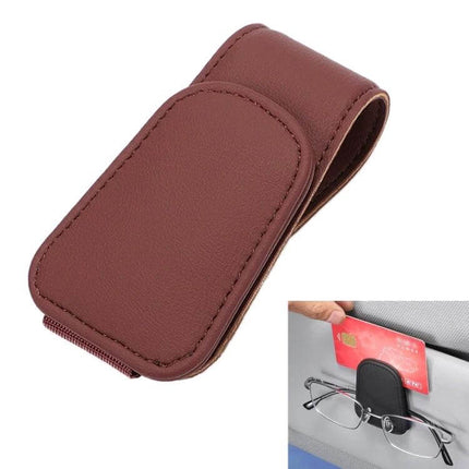 Car Sun Visor Glasses Holder With Magnetic Back Clip in brown microfiber leather holding glasses and cards