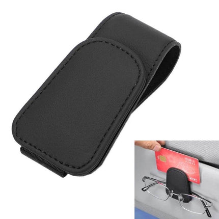 Car Sun Visor Glasses Holder With Magnetic Back Clip - black microfiber leather visor clip for sunglasses, cards, bills, one-handed access