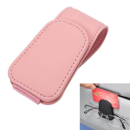 Car Sun Visor Glasses Holder With Magnetic Back Clip in pink microfiber leather for glasses, cards and bills, one-handed access, clip-on sun visor storage