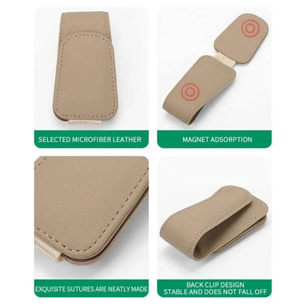 Car Sun Visor Glasses Holder With Magnetic Back Clip in beige microfiber leather showing magnetic closure, back clip and close-up stitching