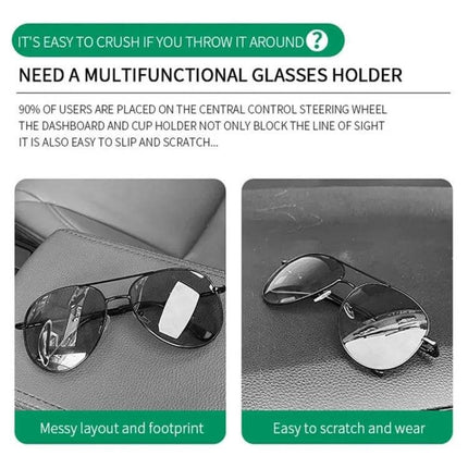 Car Sun Visor Glasses Holder With Magnetic Back Clip showing microfiber leather holder preventing scratched sunglasses and messy layout in car