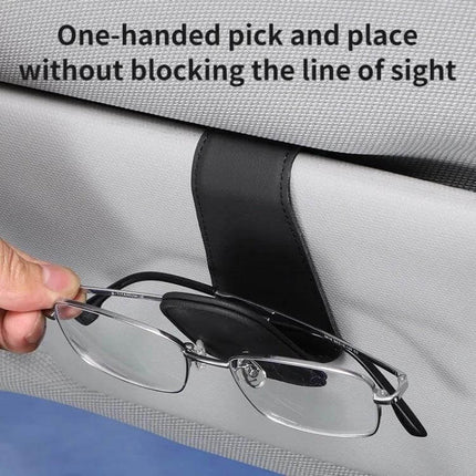 Car Sun Visor Glasses Holder With Magnetic Back Clip showing microfiber leather strap holding glasses for one-handed access