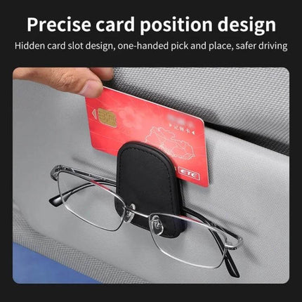 Car Sun Visor Glasses Holder With Magnetic Back Clip showing hidden card slot and glasses storage on sun visor