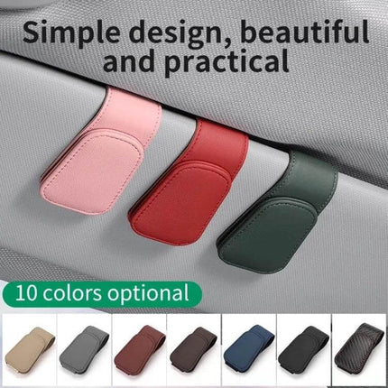 Car Sun Visor Glasses Holder With Magnetic Back Clip in pink red and green microfiber leather attached to visor, 10 colors optional