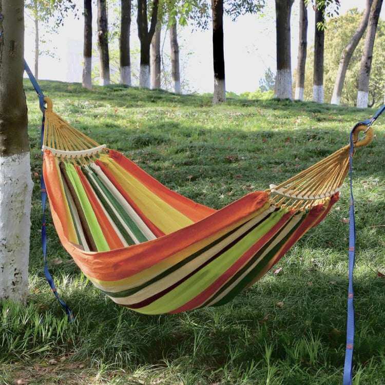 Outdoor Double Thickened Canvas Hammock Indoor Swing with Detachable Curved Rod, 200x100cm