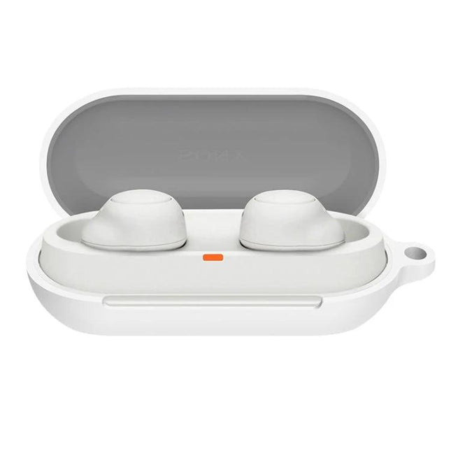 Essential Silicone Case for Sony Earphones on the Go white silicone protective case open showing earbuds and 360-degree anti-drop protection