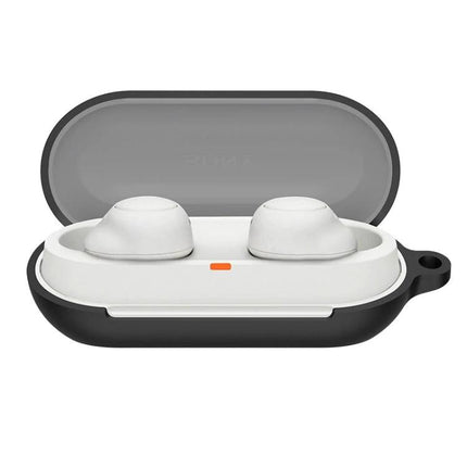 Essential Silicone Case for Sony Earphones on the Go - black silicone protective case open showing white Sony earphones, 360-degree anti-drop anti-scratch protection