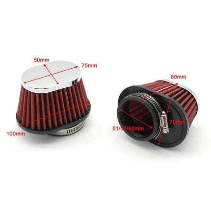Mushroom Head Air Filter For Car Universal Fit 51mm 55mm 60mm red cone filter with chrome top showing measurements and clamp
