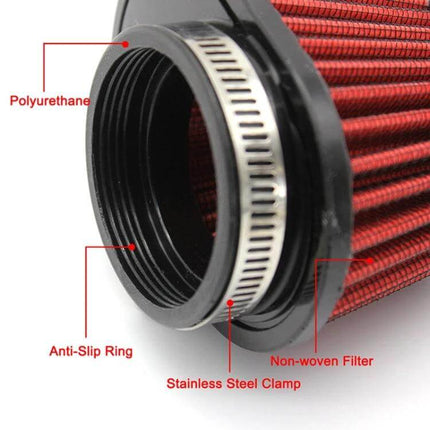 Mushroom Head Air Filter For Car Universal Fit 51mm 55mm 60mm close-up showing polyurethane neck, anti-slip ring, stainless steel clamp and non-woven red filter