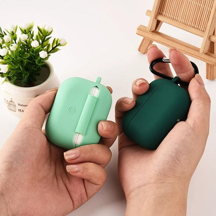 Protective Silicone Case for Earbuds During Daily Activities shown in mint and dark green, hands holding cases with carabiner and 360-degree protection