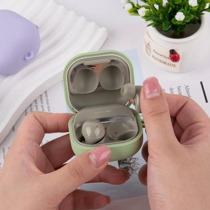PC Lining Silicone Case for Samsung Earbuds in Daily Routines - green protective silicone case shown holding Samsung earbuds during commute and workout protection