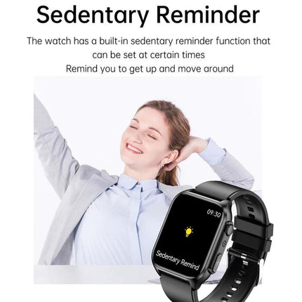 Daily Wear Leather Smart Watch for Health and Connectivity showing sedentary reminder feature with leather band and woman stretching