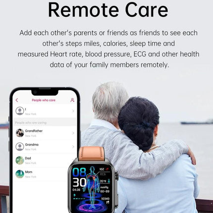Daily Wear Leather Smart Watch for Health and Connectivity shown with family remote care app and leather band on wrist