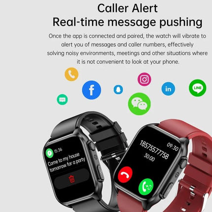 Daily Wear Leather Smart Watch for Health and Connectivity showing caller alert and real-time message push on black and red leather-band watches