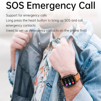 Daily Wear Leather Smart Watch for Health and Connectivity showing SOS emergency call feature on wrist with leather band