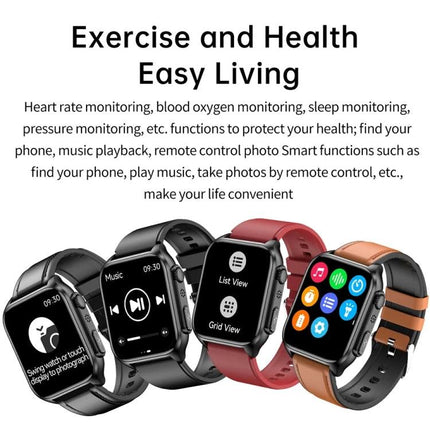 Daily Wear Leather Smart Watch for Health and Connectivity showing multiple leather-band colors and health monitoring screens