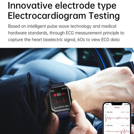 Daily Wear Leather Smart Watch for Health and Connectivity showing ECG heart rate on wrist and smartphone app