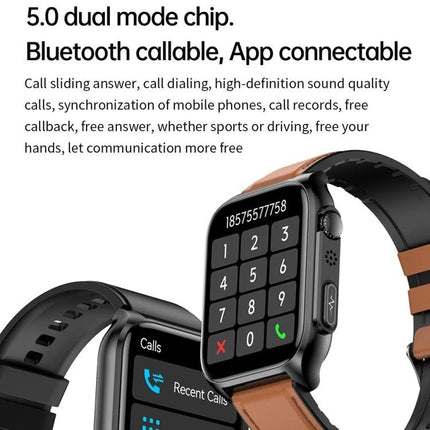 Daily Wear Leather Smart Watch for Health and Connectivity showing call dialer on screen, leather band and app-connectable Bluetooth features