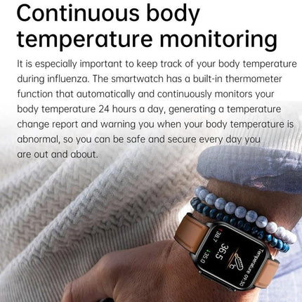 Daily Wear Leather Smart Watch for Health and Connectivity showing continuous body temperature monitoring on a wrist with brown leather band