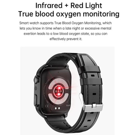 Daily Wear Leather Smart Watch for Health and Connectivity showing rear sensors for infrared and red light blood oxygen monitoring