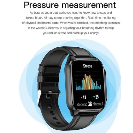 Daily Wear Leather Smart Watch for Health and Connectivity showing stress and heart rate tracking on black leather band display