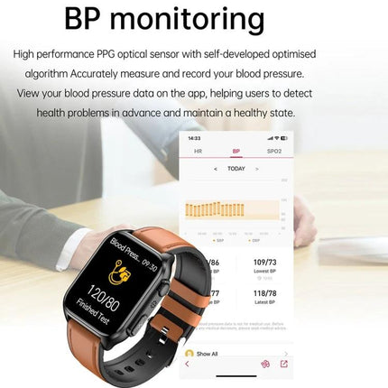 Daily Wear Leather Smart Watch for Health and Connectivity showing BP monitoring screen, leather band and app charts