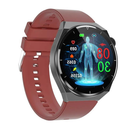 A Versatile Smart Watch for Daily Health and Activity Tracking - red strap smartwatch showing heart rate, steps, calories and body health display