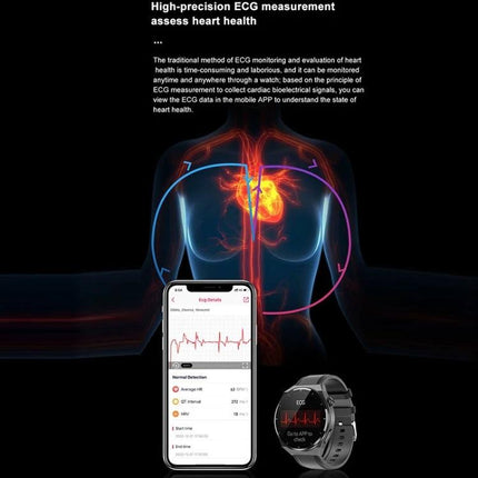 A Versatile Smart Watch for Daily Health and Activity Tracking showing ECG heart monitoring on phone and watch