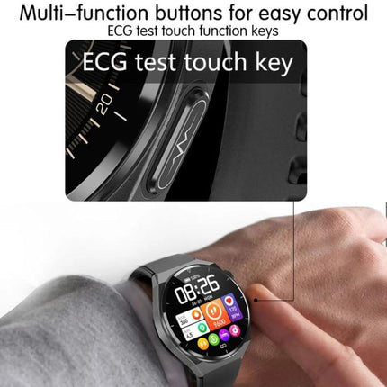 A Versatile Smart Watch for Daily Health and Activity Tracking - close-up showing ECG test touch key and on-wrist app display